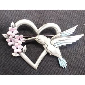 Vintage JJ Pewter Hummingbird Heart Flower Silver Blue Bird Brooch